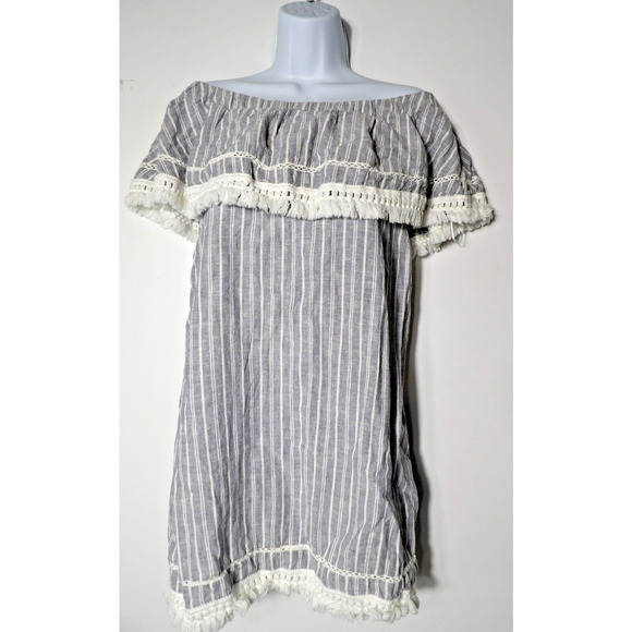 1. State Tunic Small Linen Chambray Off Shoulder Boho Blue White Stripe Cottage - Picture 1 of 12